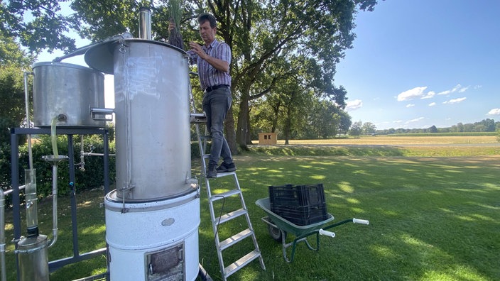 Landwirt Johannes Sprünken gewinnt Lavendelöl- und wasser in selbstgebauter Destille.