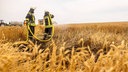 Zwei Feuerwehrkräfte stehen auf einem trocknenen Feld un löschen einen Brand. Im Hintergrund stehen Löschfahrzeuge und Erntemaschinen.