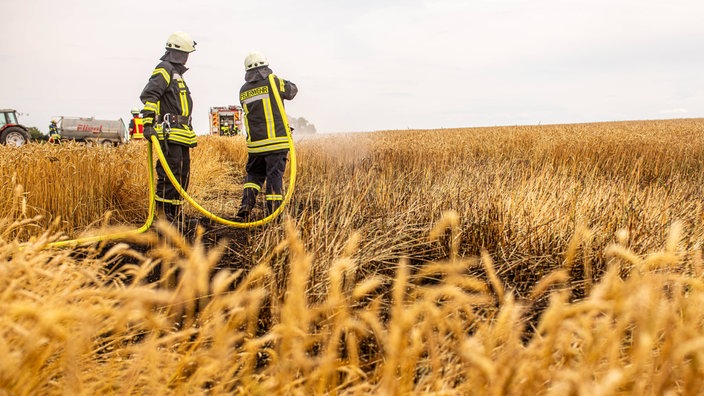 Zwei Feuerwehrkräfte stehen auf einem trocknenen Feld un löschen einen Brand. Im Hintergrund stehen Löschfahrzeuge und Erntemaschinen.