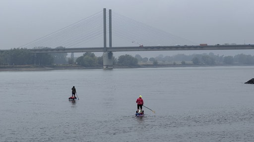 Uwe Franken und Judith Mörschel sind bei regnerischem Wetter mit Stand-up-Paddle-Boards auf dem Rhein unterwegs.