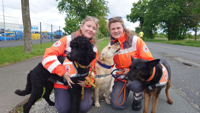 Zwei Mitgliederinnen der Hundestaffel des Deutschen Roten Kreuzes knien auf dem Bpden zusammen mit drei Hunden. 