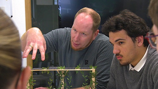 Lehrer Söhnke Ten Freyhaus mit Schülerinnen und Schülern vor einem Modell der Greenwall.
