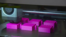 Pinke Teile, die in einem selbstgebauten 3D-Drucker für die Greenwall hergestellt werden.