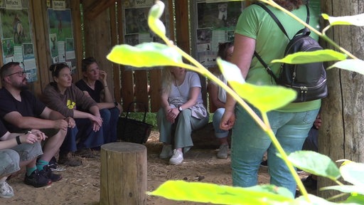 Menschen sitzen im Waldhütte