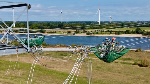 Ein Arbeiter steht in einem Netz an einer Höchstspannungsleitung über dem Rhein.