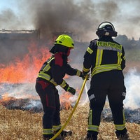 Feuerwehrleute stehen mit einem Wasserschlauch vor Flammen und versuchen, das Feuer zu löschen