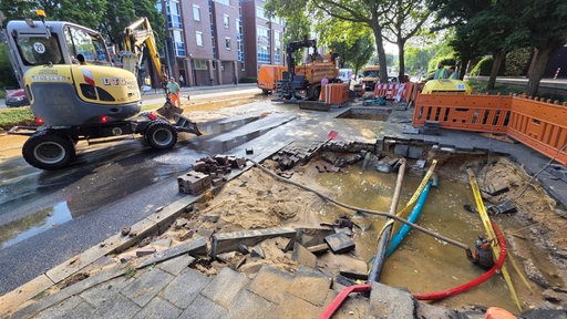 Im Asphalt auf einem Bürgersteig ist ein großes, mit Wasser gefülltes Loch zu sehen. Rohre verlaufen durch das Loch. Drumherum stehen Bauzäune und im Hintergrund sind Bagger und Arbeiter zu erkennen.
