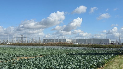 Außenansicht von einer Konverteranlage mit zahlreichen Strommasten und zwei großen grauen Hallen