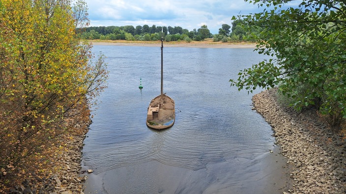 Ein ehemaliger Aalschokker in der Mündung des Silbersees in den Rhein