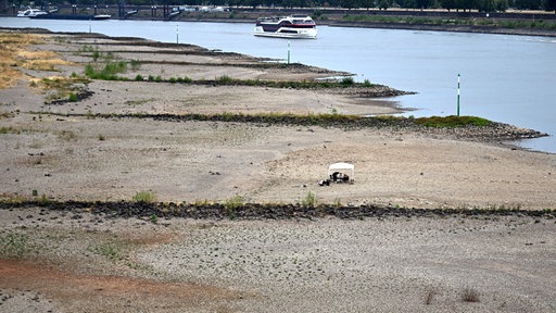 Ein Schiff fährt bei niedrigem Wasserstand auf dem Rhein an trocken gefallenen Buhnen vorbei
