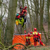 Einer der Rettungskräfte seilt sich mit dem Paragleiter vom Baum ab. 
