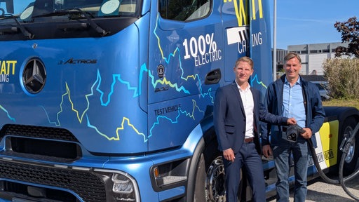 Zwei Männer vor E-LKW mit LKW-Lader