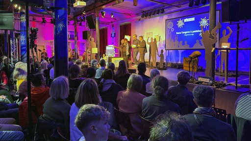 Moderator:innen stehen auf der Bühne