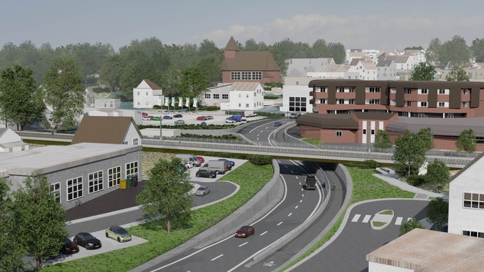 Visualisierung eines Straßen- und Gebäudekomplexes mit neuer Straßenführung, Brücke, Parkplätzen und mehreren Gebäuden in einem städtischen Umfeld.