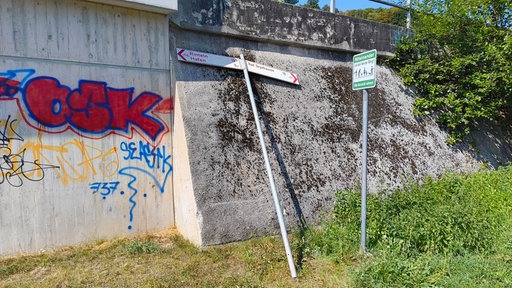 Schief stehendes Straßenschild an einer Ufermauer.