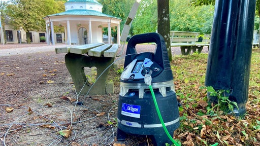 Ein CO2 Messgerät steht neben einer Parkbank.