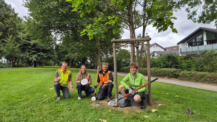 Vier Mitarbeitende der Städtischen Betriebe hocken neben einem Baum. Sie halten einen Sensor und Schaufeln in den Händen.