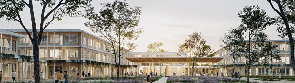 Der Krankenhaus-Neubau in Espelkamp, wie ihn sich die Architekten vorstellen. Niedrige Gebäude mit viel Glas und Holz inmitten eines Parks.