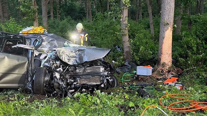 Das zerstörte Auto liegt vor dem beschädigten Baum.