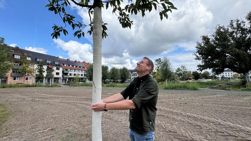 Stefan Buschmeier begutachtet neu gepflanzten Baum im Paderquellgebiet.