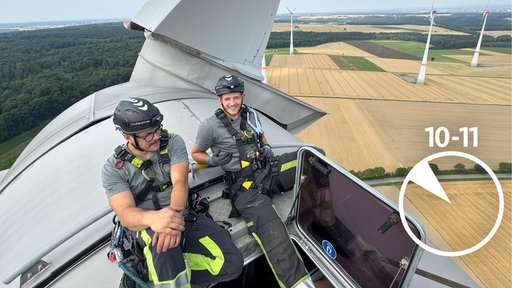 Zwei Monteure sitzen gesichert oben auf einem Windrad und machen Pause