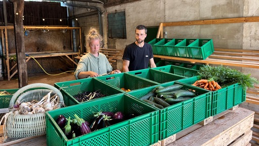 Helena und Valentin packen Gemüsekisten 