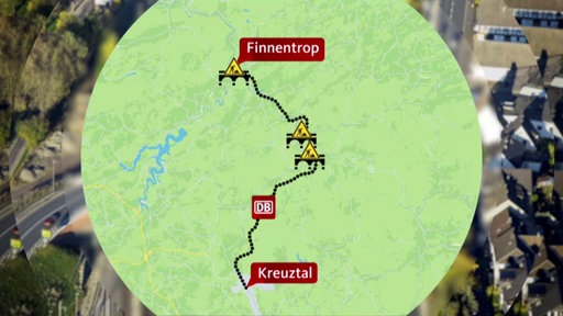 Grafik einer Bahnstrecke in Südwestfalen mit kaputten Brücken