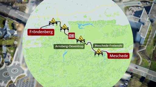 Grafik einer Bahnstrecke in Südwestfalen mit kaputten Brücken