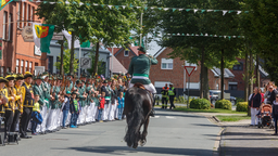 Ein Reiter 2017 beim Schützenumzug in Warendorf-Hoetmar in grüner Uniform auf einer Straße mit Zuschauern und Fahnen