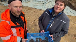 Ein Mann und eine Frau halten eine blaue Kiste mit Ausgrabungsstücken