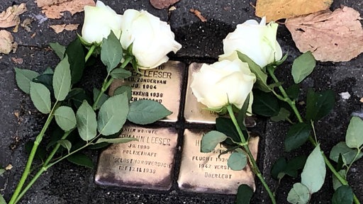Stolpersteine mit Rosen bedeckt