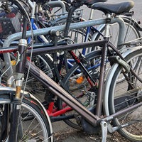 Schrotträder stehen an einer Fahrrad-Parkvorrichtung.