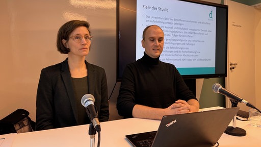 Macher der Studie Dr. Johanna Hess und Malte Täubrich vom Institut "Dissens" stellen das geplante Vorgehen vor.