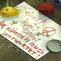 Schild liegt auf dem Boden mit Rosen drumherum 