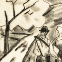 Zeichnung zeigt links 2 Pferde sowie deren Halter, in der Mitte einen Weg über dem ein Baum ragt und links einen Mann und eine Frau mit Sense und Strohballen