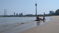 Paar mit Hund sitzt am Rheinufer