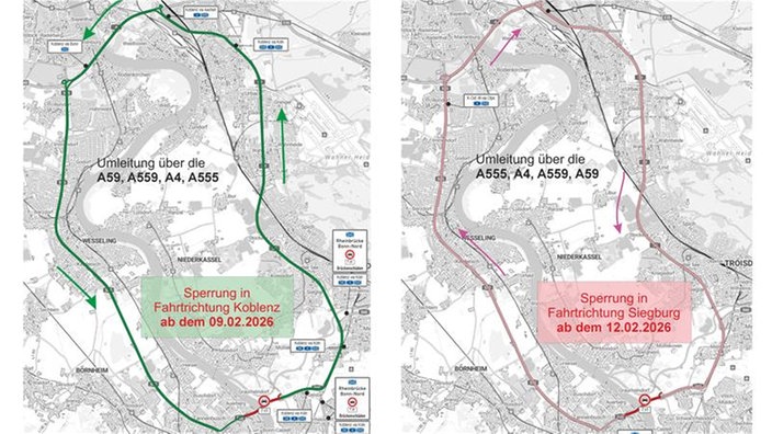 Umleitungen für Sperrung der Bonner Nordbrücke