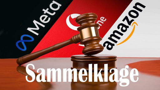 Bild eines Richterhammers vor den Logos von Meta, Vodafone und Amazon