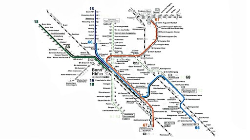 Auf einem Liniendiagramm werden die neuen Stadtbahnlinien für Bonn dargestellt.