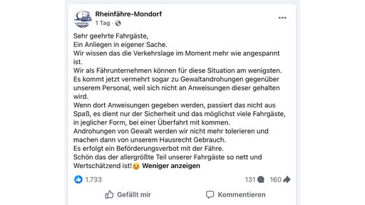 Ein Facebook Post von der Rheinfähre Mondorf zu den Gewaltandrohungen