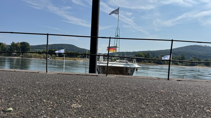 Die Brücke einer FLussfähre ist zu sehen, der Rest des Schiffen liegt viele meter tiefer und ist hinter dem ufer nicht zu sehen. 