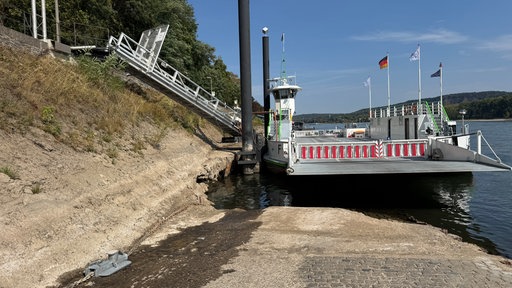 Die Brücke einer FLussfähre ist zu sehen, der Rest des Schiffen liegt viele meter tiefer und ist hinter dem ufer nicht zu sehen. 