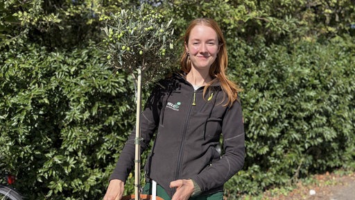 Eine junge Frau lächelt in Arbeitskleidung mit einem Olivenbaum in der Hand in die Kamera.