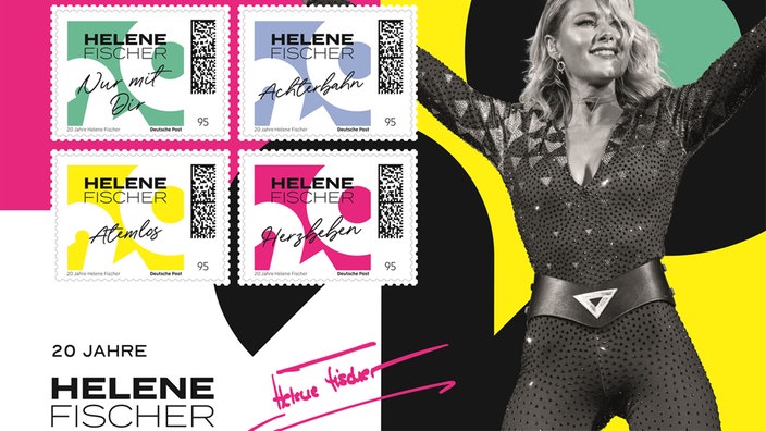 Helene Fischer steht in Pose rechts, links sieht man eine Auswahl ihrer Briefmarken in unterschiedlichen Farben