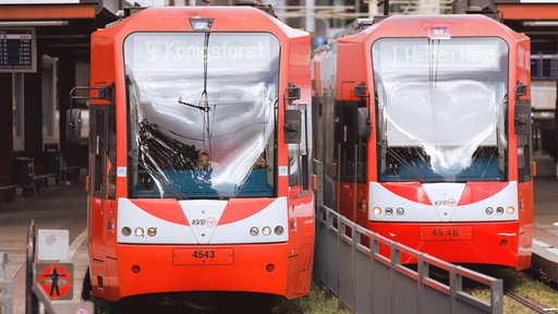 Zwei KVB-Bahnen halten an einer Bahnstation