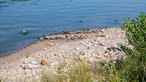 Das Niedrigwasser macht ein altes Schiffsgestell sichtbar