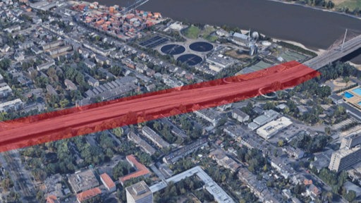 Eine Grafik der Nordbrücke, in rot markiert ist der Abschnitt der sogenannten Vorlandbrücke