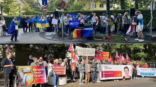 Oben: Demonstrierende mit blauen EU-Flaggen, Ukraine Flaggen und Kennzeichen des Bündnis90/Grüne demonstrieren. Unten: Demonstrierende des Bündnis Sahra Wagenknecht stehen auf der Straße. Sie haben Plakate und Fahnen in orange-pinken Farbtönen. 