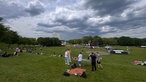 Vereinzelte Besucher stehen in der Bonner Rheinaue. Andere sitzen auf Picknick-Decken. Im Hintergrund ist ein Riesenrad zu sehen. 