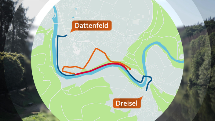 Infografik zeigt die Verkehrsroute des Siegradwegs zwischen Dattenfeld und Dreisel